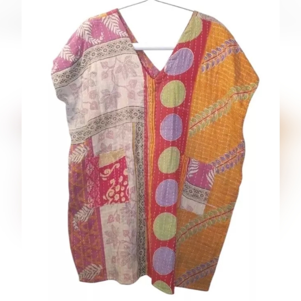 Kantha Patchwork Kimono V-neck Poncho Top Colorful Patch Pockets Woman One Sz #E